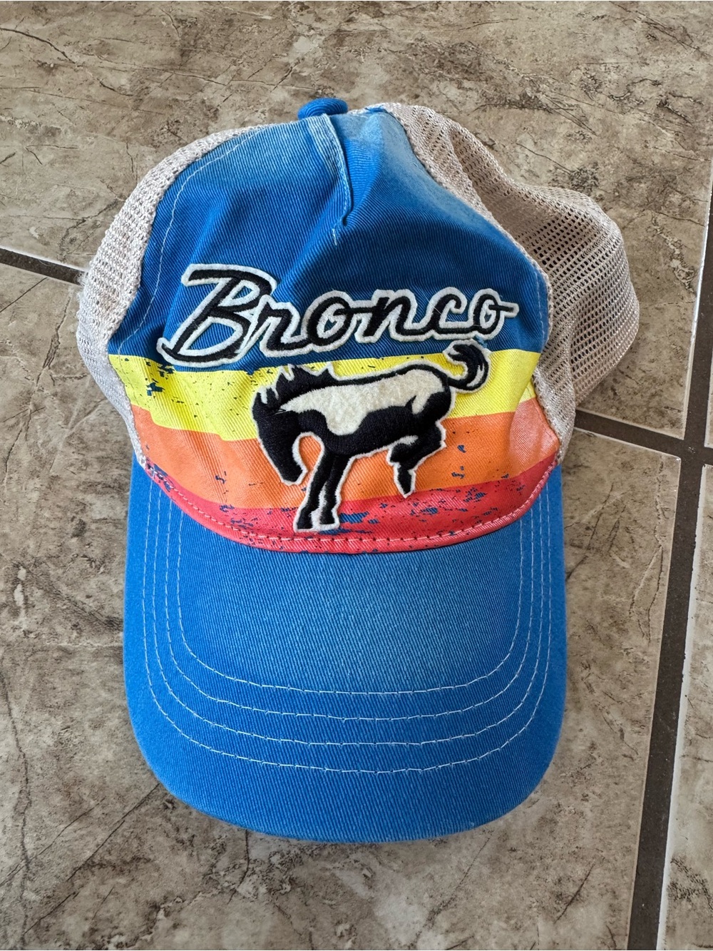 Bronco Embroidered Retro Striped Trucker Hat - Blue